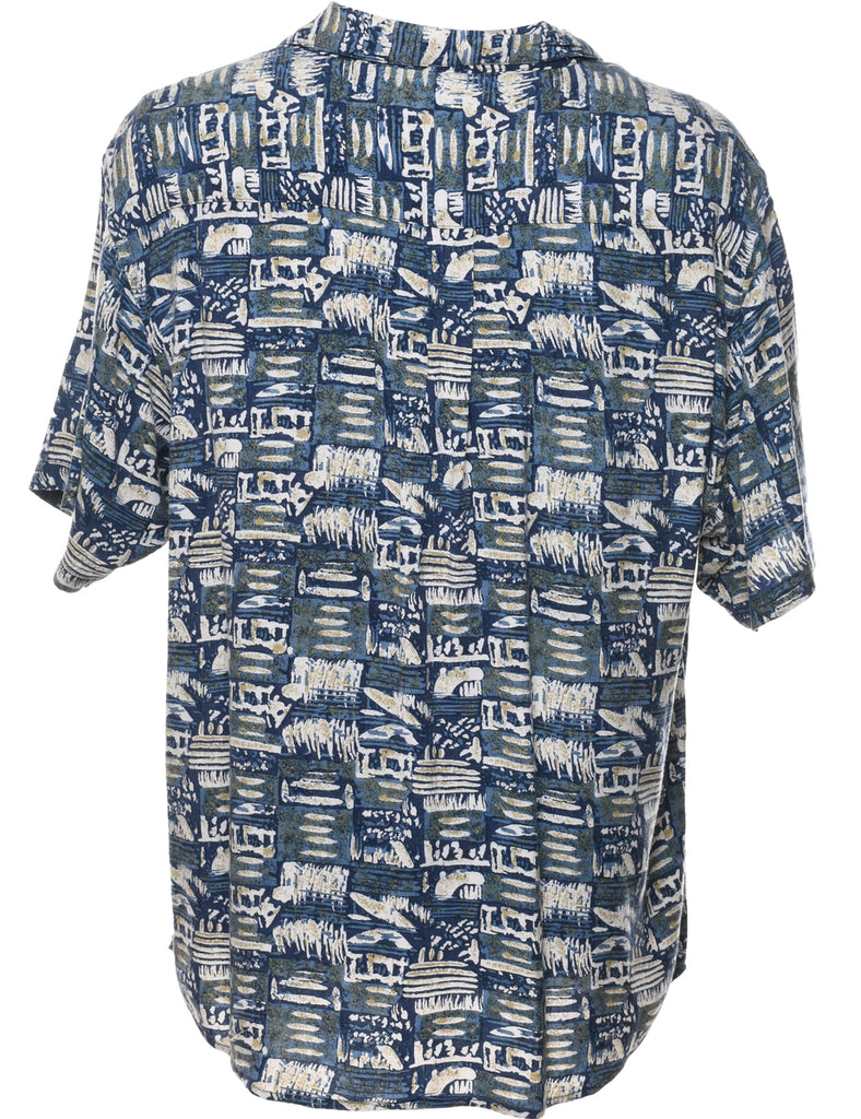 1990s Abstract Print Blue & Off-White Shirt - XL