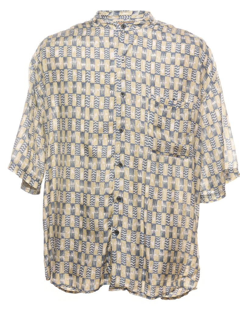 1990s Beige & Light Blue Patterned Silk Shirt - L