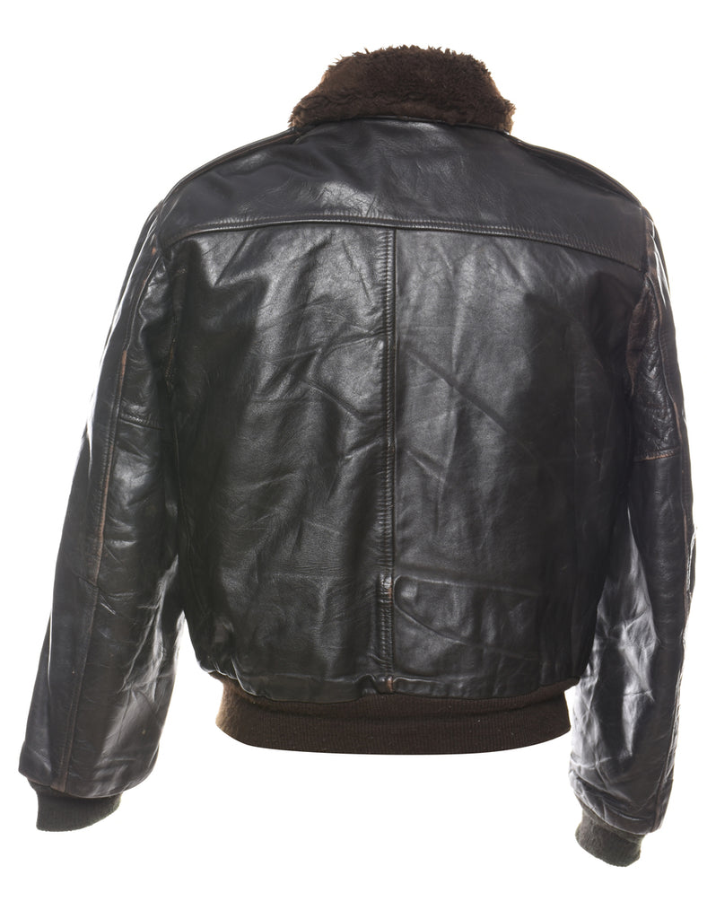 Black & Brown Zip-Front Leather Flight Jacket - M