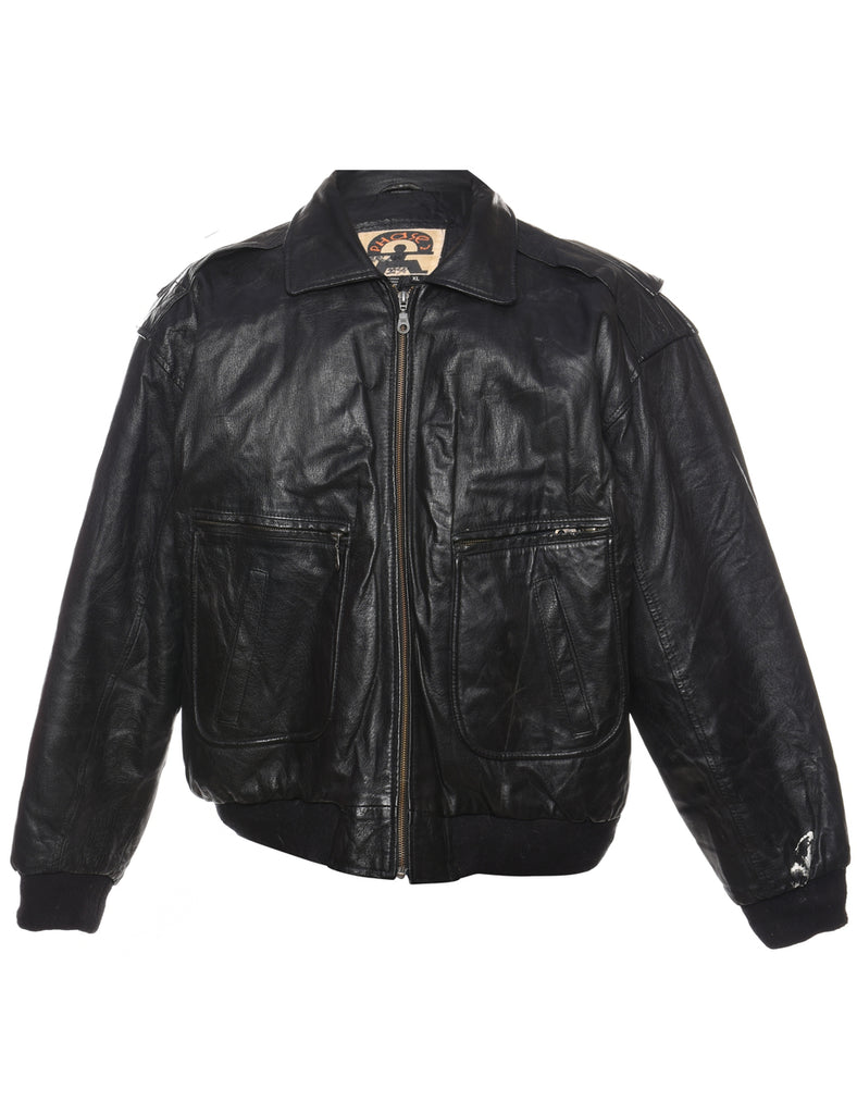 Black Classic Zip-Front Leather Jacket - XL