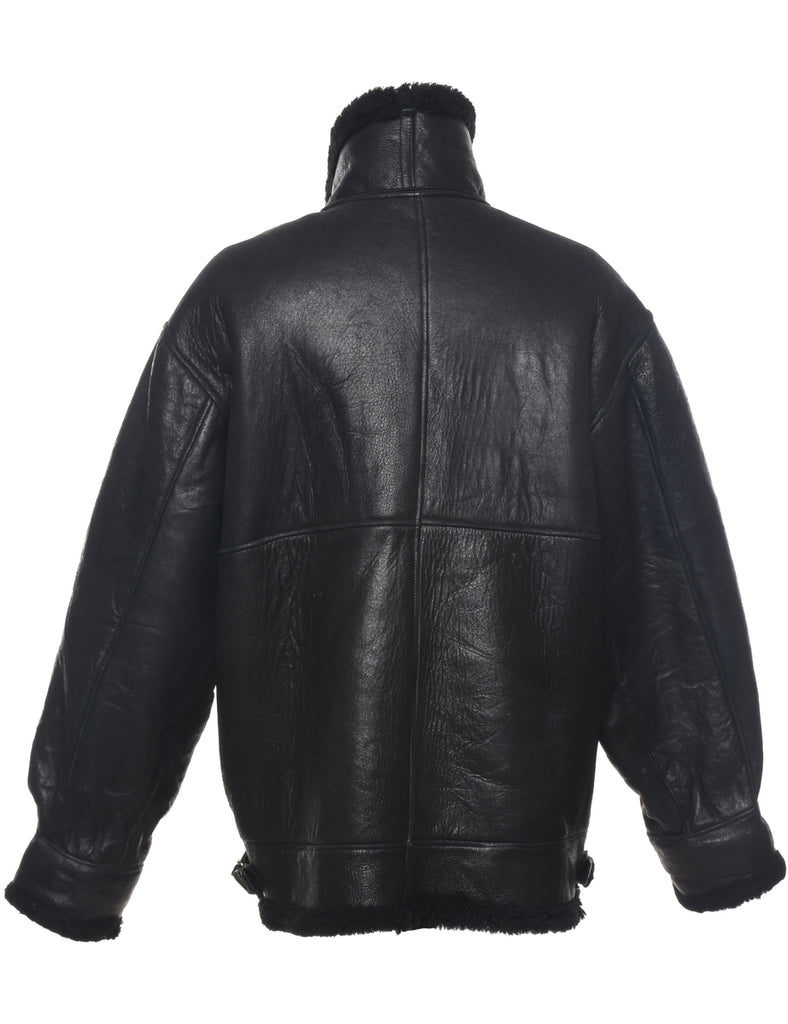 Black Shearling Leather Jacket - L