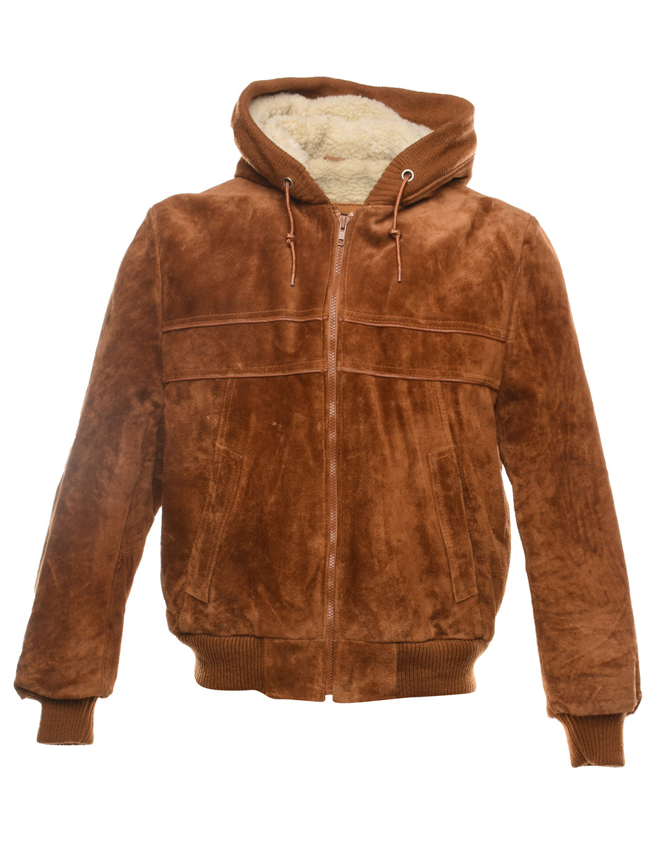 Men's Brown Hooded Zip-Front Suede Jacket Brown, M | Beyond Retro