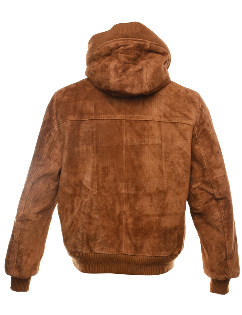 Men's Brown Hooded Zip-Front Suede Jacket Brown, M | Beyond Retro