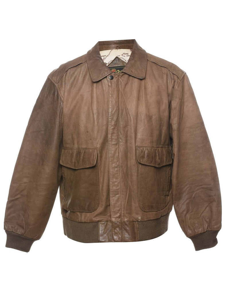 Classic Brown Zip-Front Leather Jacket - L