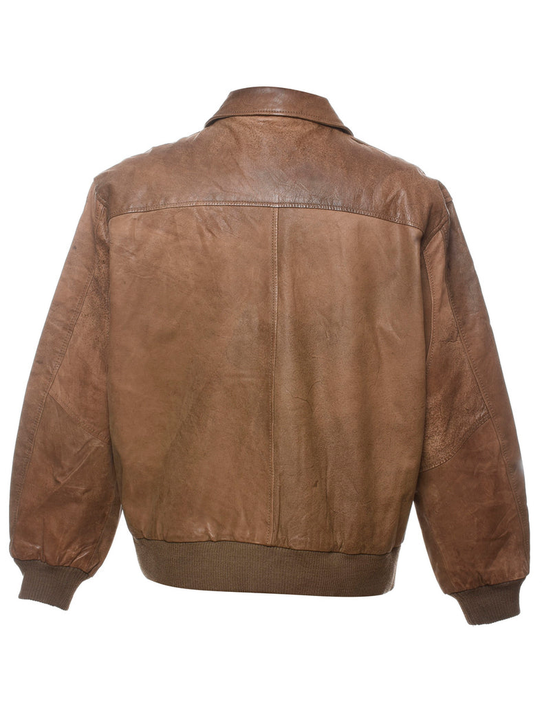 Classic Brown Zip-Front Leather Jacket - L