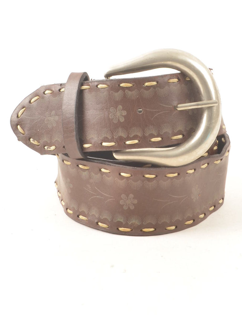 Dark Brown Floral Print Leather Belt - L