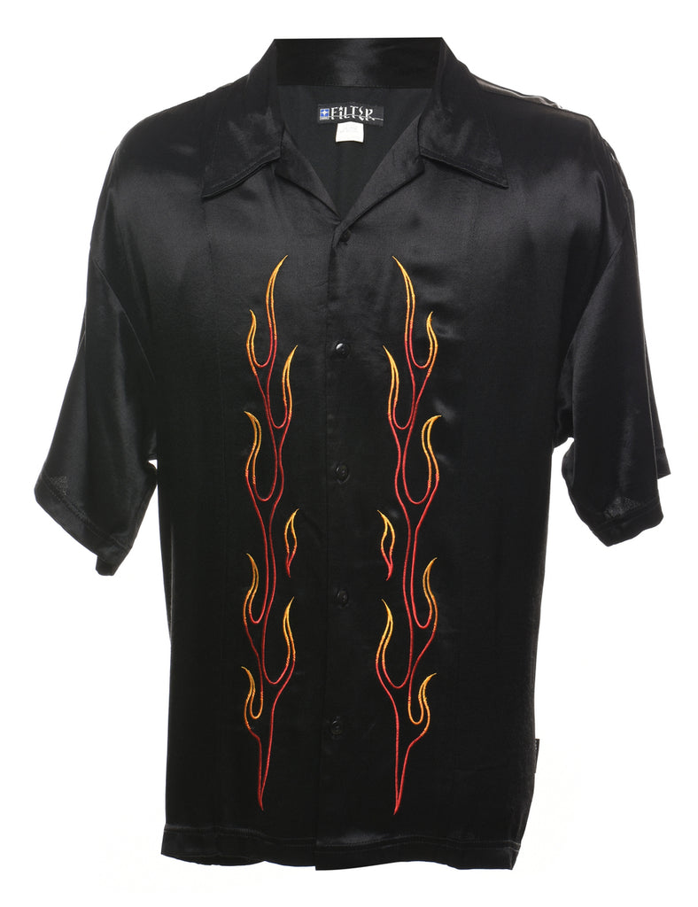 Embroidered Black Silk Flame Design 1990s Shirt - XL