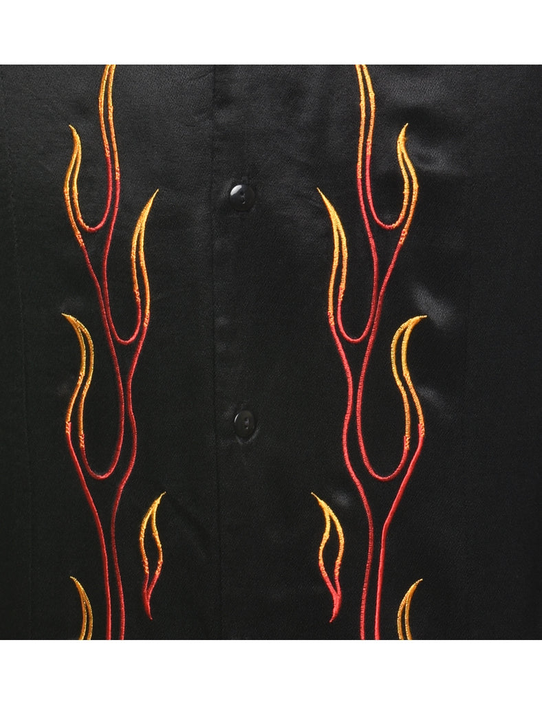 Embroidered Black Silk Flame Design 1990s Shirt - XL