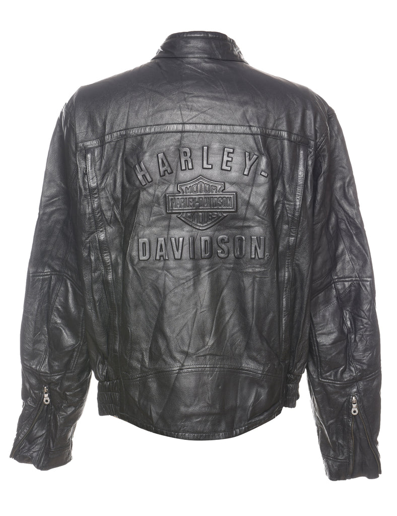 Harley Davidson Black Embossed Zip-Front Leather Jacket - XL