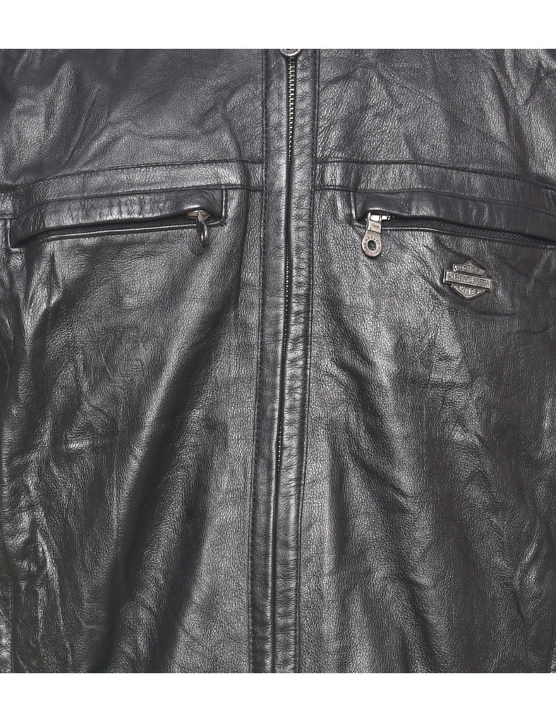 Harley Davidson Black Embossed Zip-Front Leather Jacket - XL