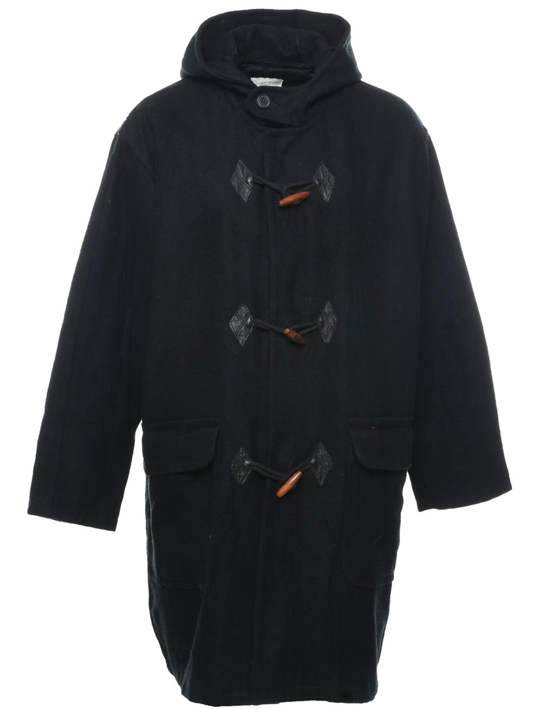 Hooded Black Duffle Coat - L