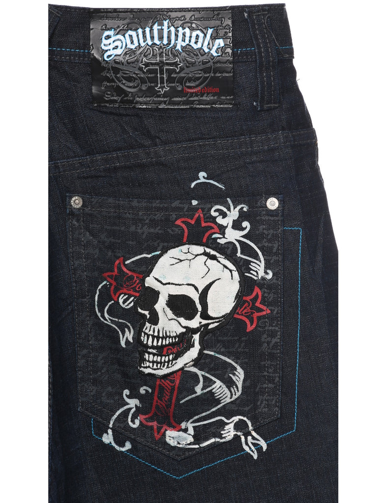 Indigo Skull Print Denim Shorts - W34 L16