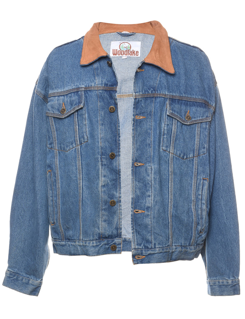 Light Wash & Brown Contrast Collar Denim Jacket - XL