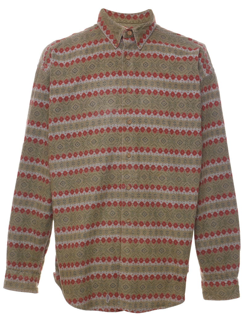 Long Sleeved Olive Green & Maroon Patterned Shirt - L