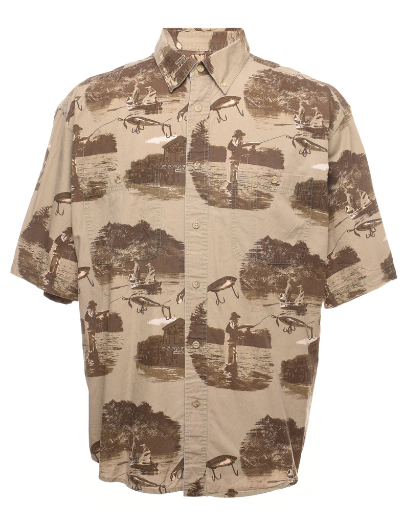 Olive Green & Light Brown Landscape Design Short-Sleeved Shirt - XL