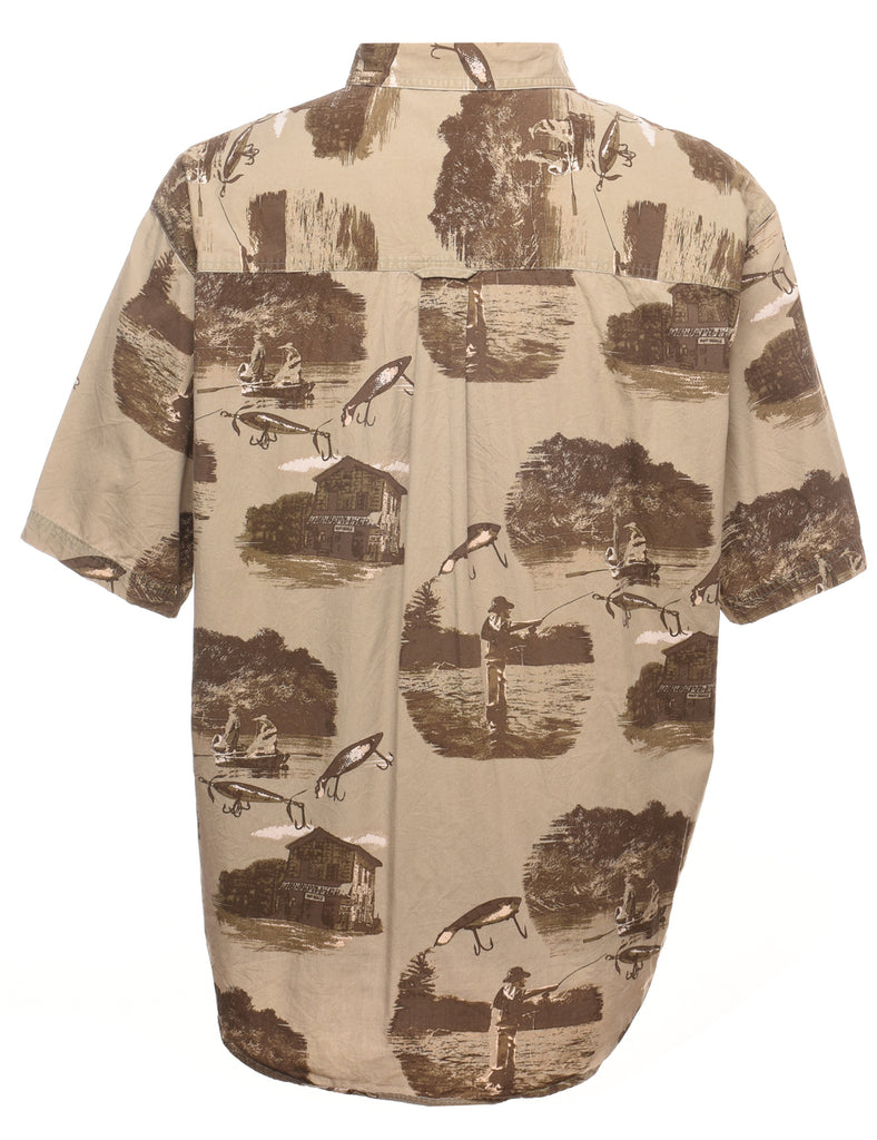 Olive Green & Light Brown Landscape Design Short-Sleeved Shirt - XL