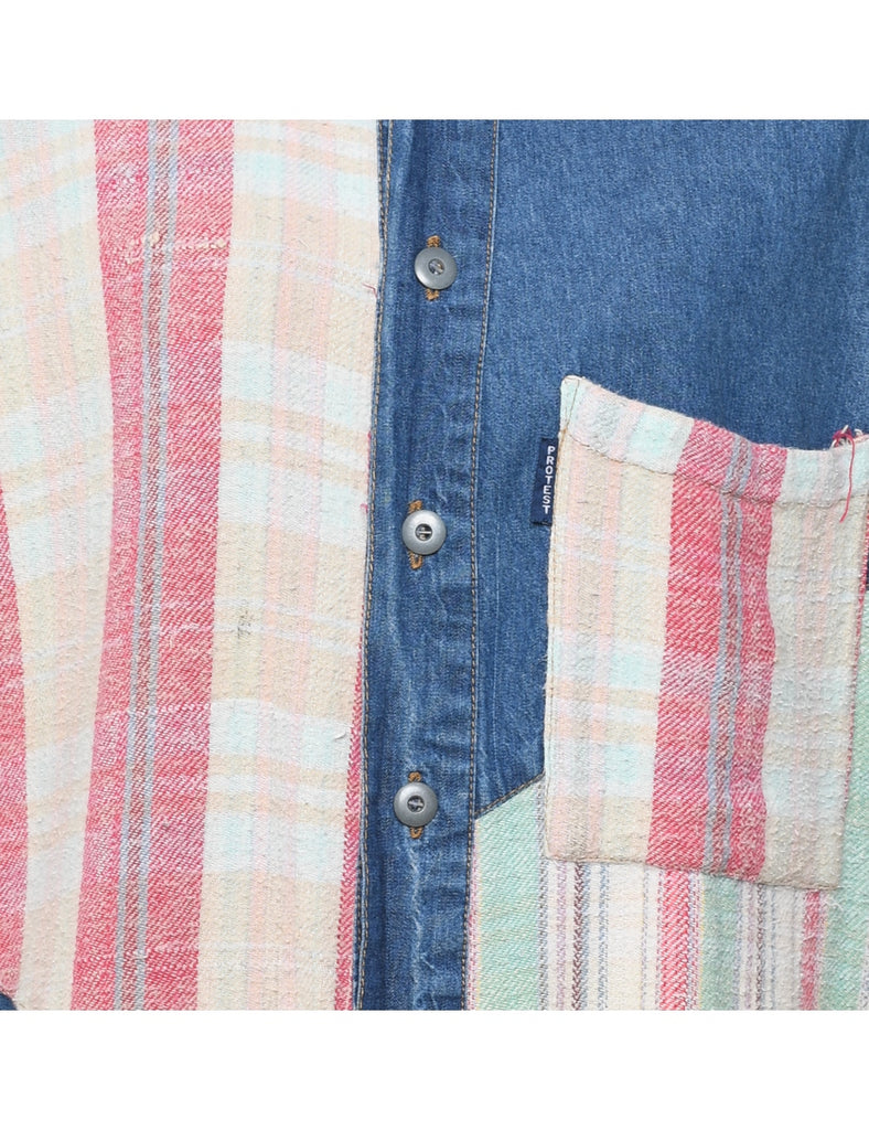 Striped Multi-Colour & Denim Hooded Shirt - M