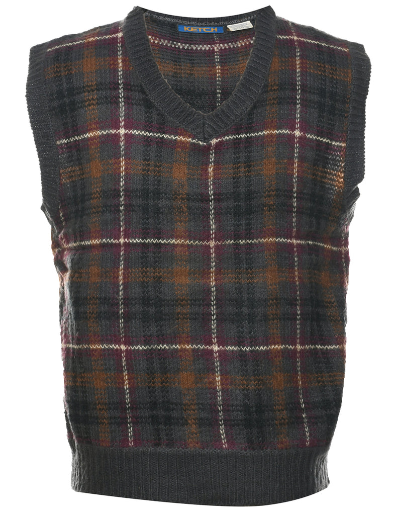 Sweater Checked Pattern Vest - M