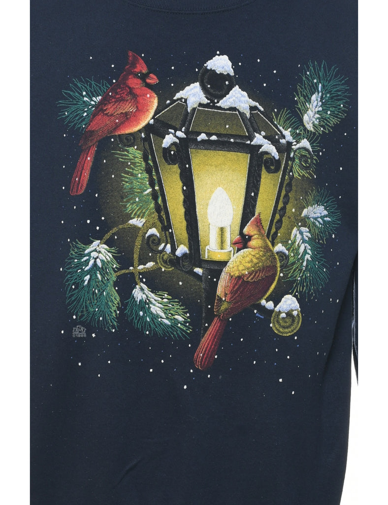 Bird Print Christmas Sweatshirt - L