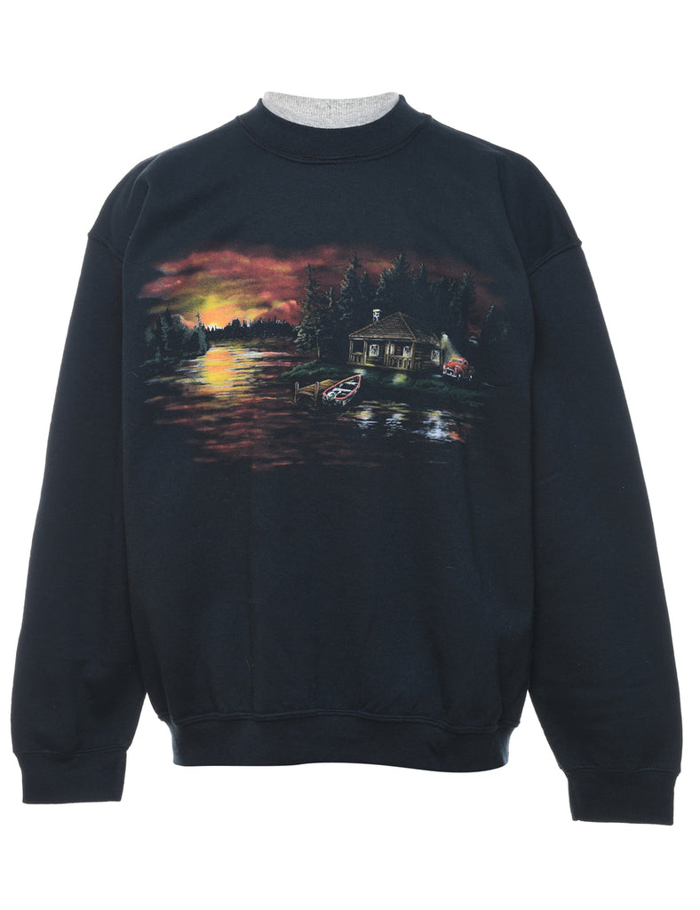 Black Printed Landscape Design Sweatshirt - M