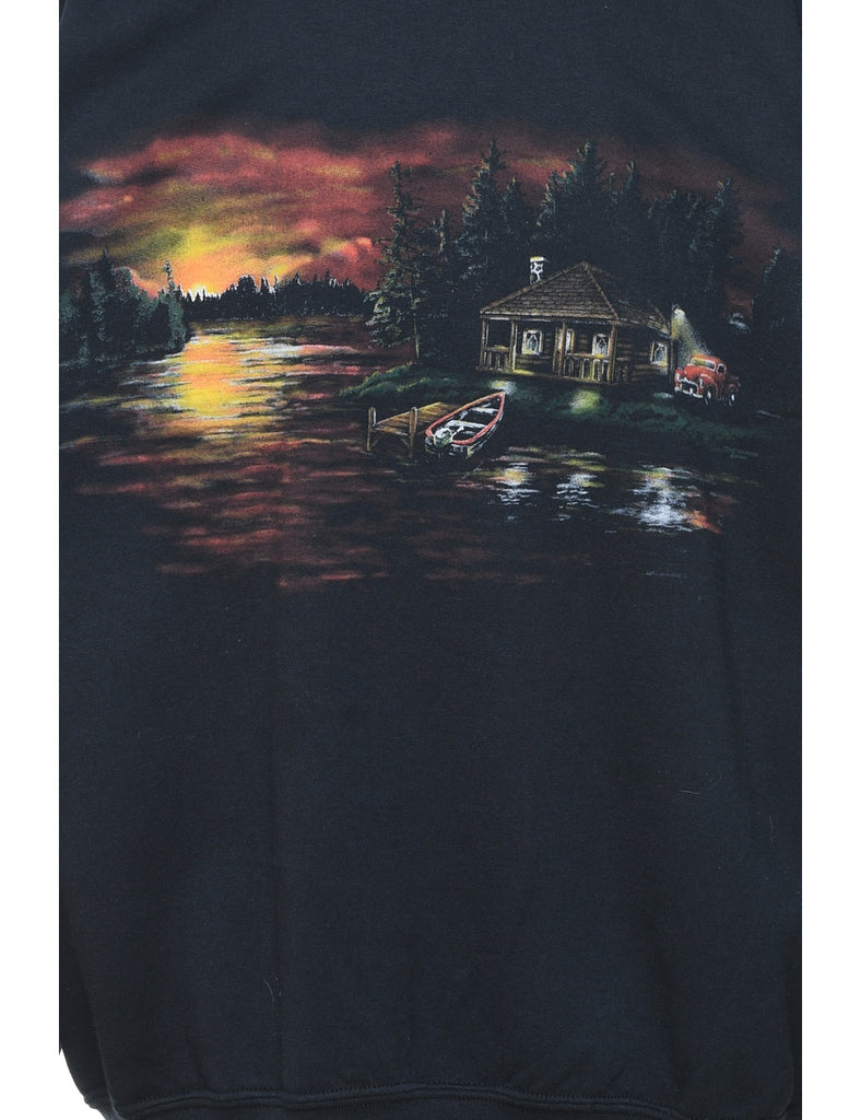 Black Printed Landscape Design Sweatshirt - M