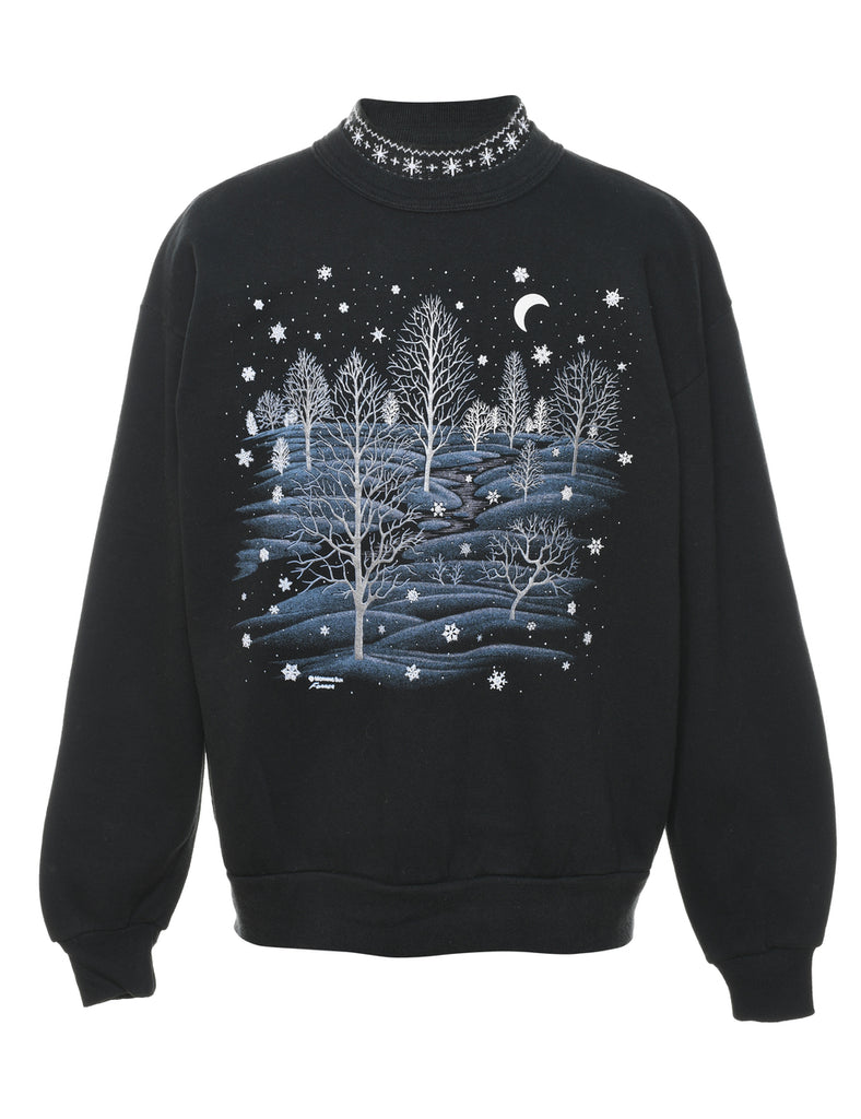 Black Snowfall Landscape Black Printed Sweatshirt - L