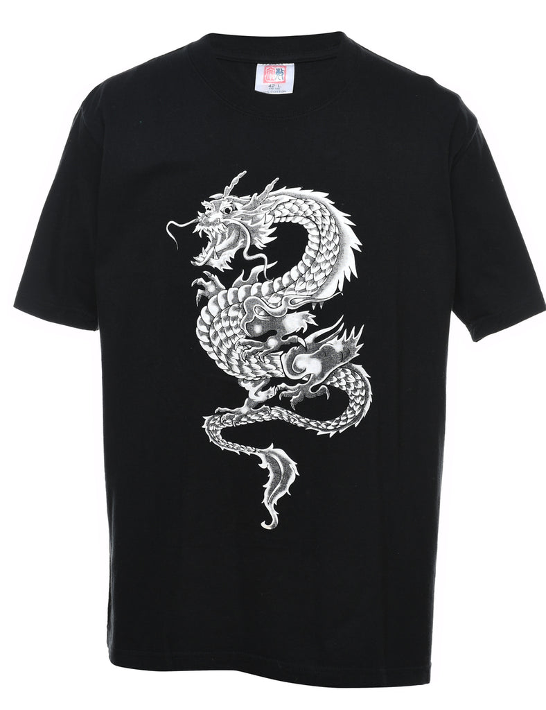 Black & White Illustrative Dragon Design T-Shirt - L