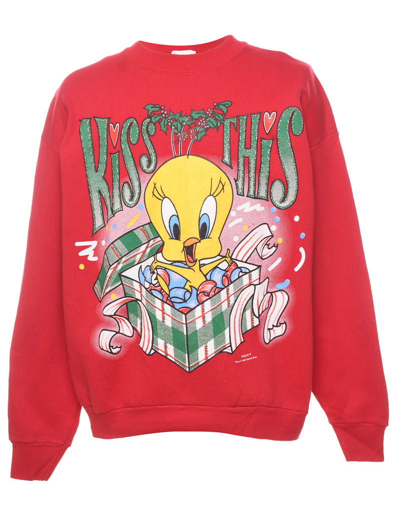 Cartoon Print Tweety Christmas Sweatshirt - XL