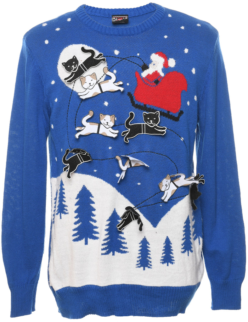 Cat Printed Christmas Jumper - L