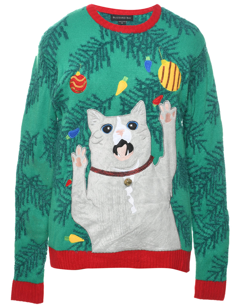 Cat Printed Christmas Jumper - S