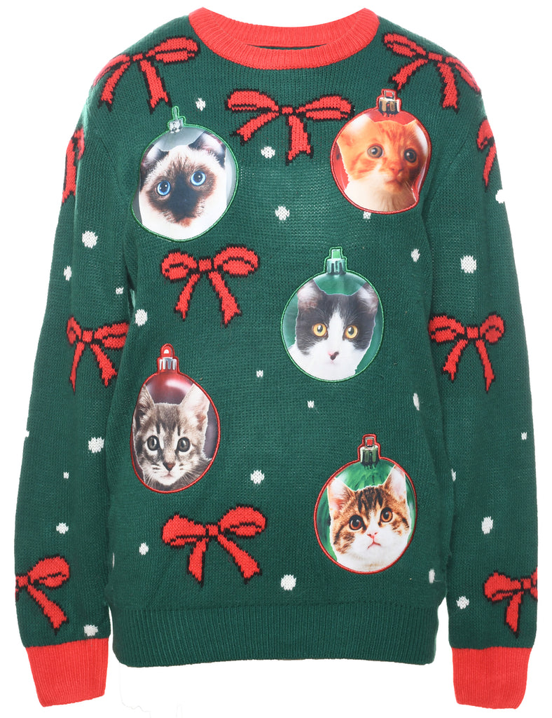 Cat Printed Christmas Jumper - M