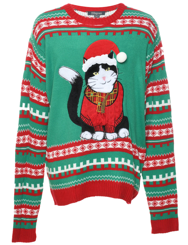 Cat Printed Christmas Jumper - XL