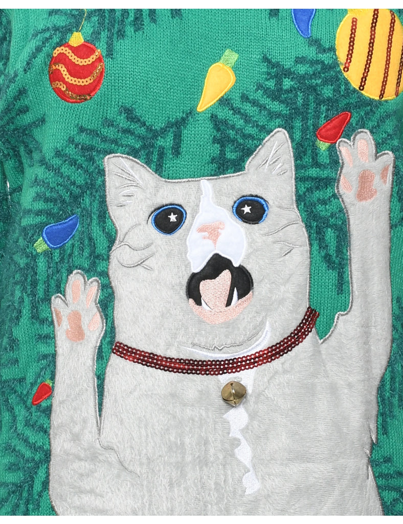 Cat Printed Christmas Jumper - S