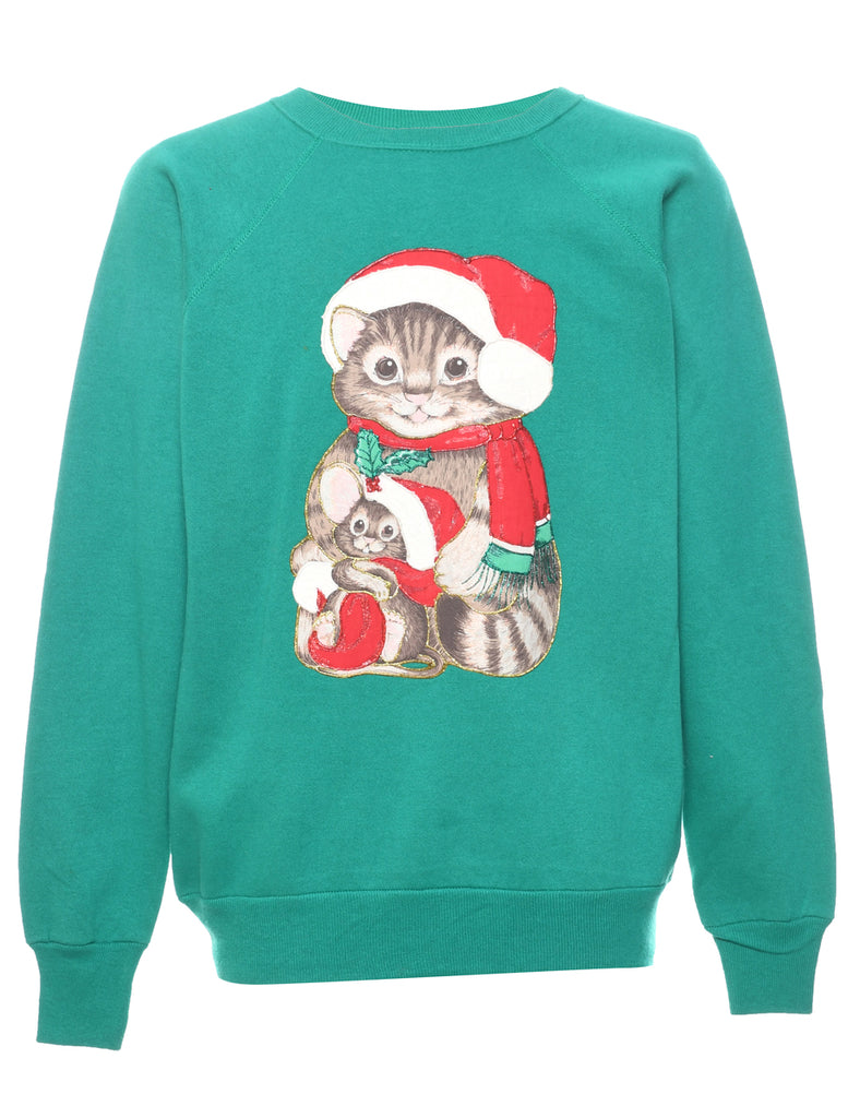 Cat Printed Christmas Sweatshirt - L