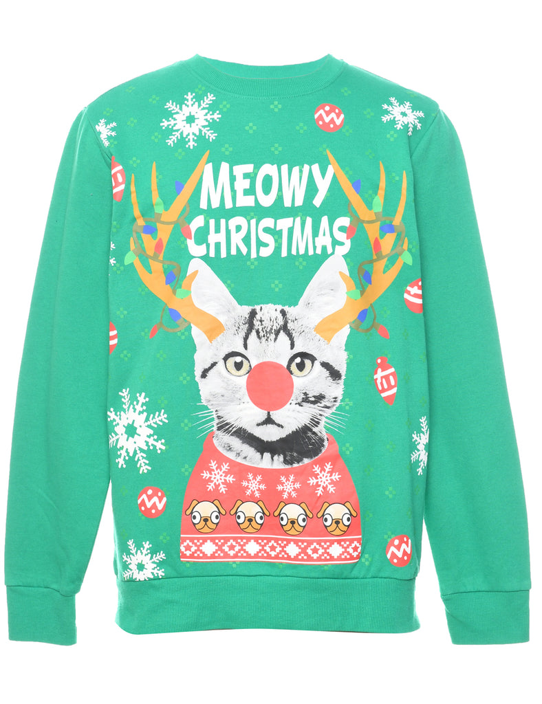 Cat Printed Christmas Sweatshirt - S