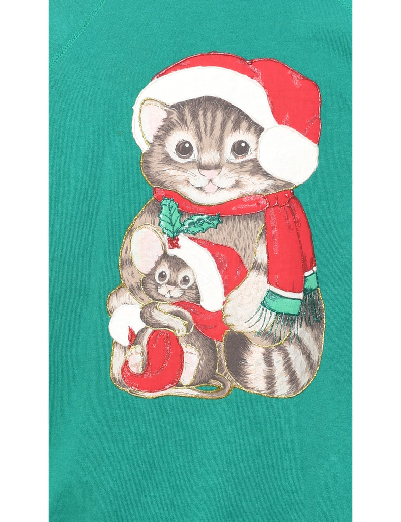 Cat Printed Christmas Sweatshirt - L