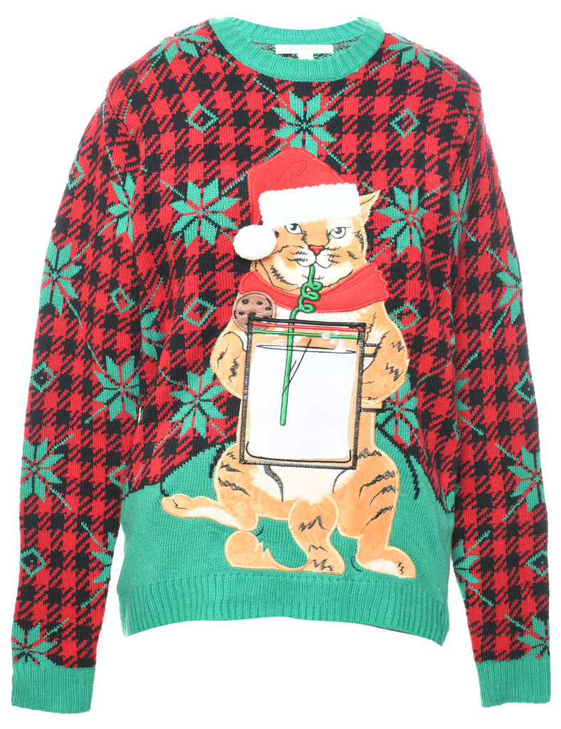 Cat Printed Nordic Print Christmas Jumper - M