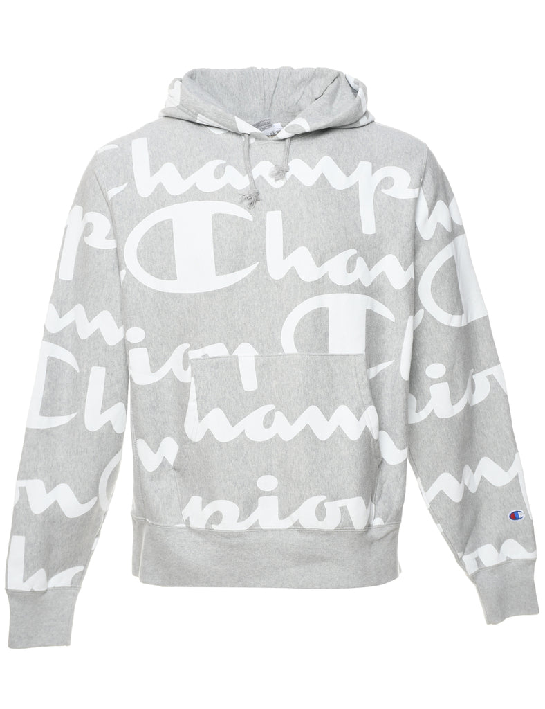 Champion Marl Grey & White Printed Hoodie - L