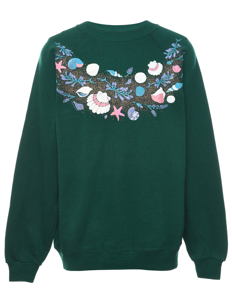 Dark Green 1990s Printed Shell Design Sweatshirt - L