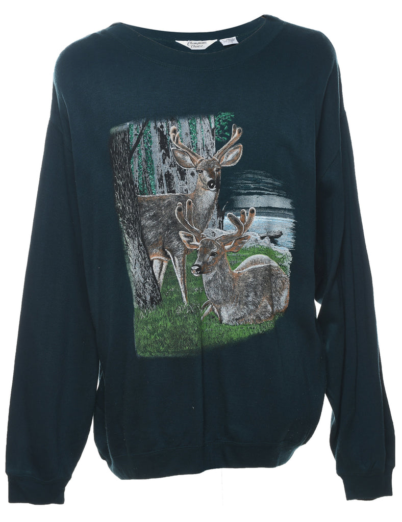 Dark Green Deer Animal Sweatshirt - XL