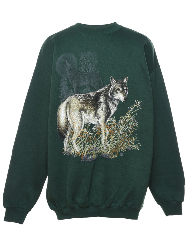 Dark Green Wolf Design Sweatshirt - L