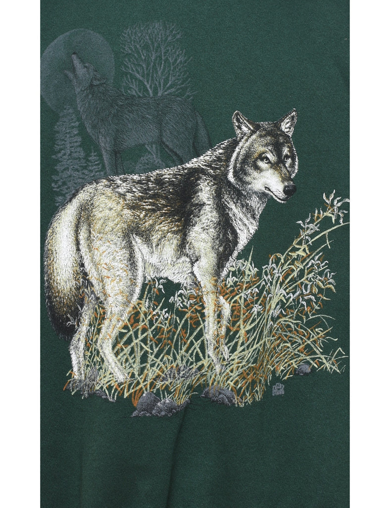 Dark Green Wolf Design Sweatshirt - L