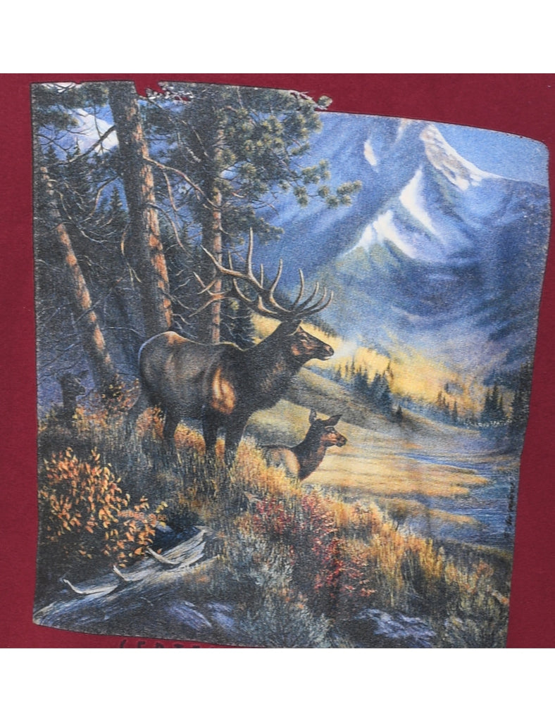 Deer Design Maroon Landscape Sweatshirt - L