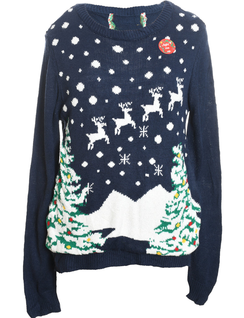 Festive Season Navy & White Knit Christmas Jumper - L