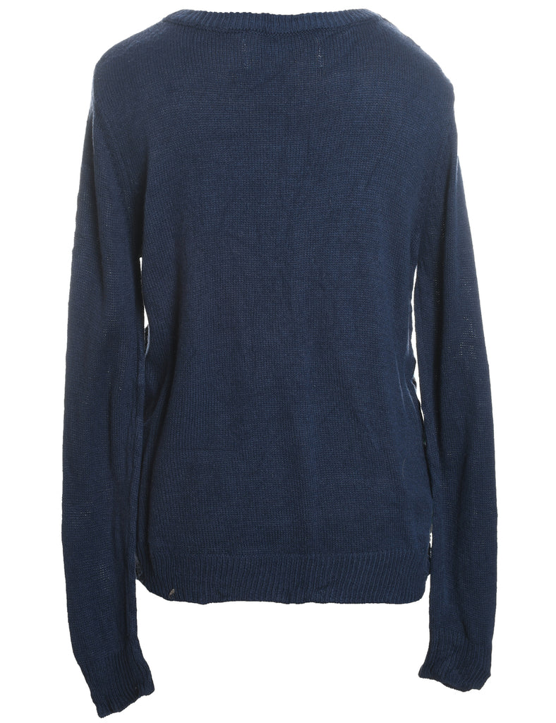 Festive Season Navy & White Knit Christmas Jumper - L