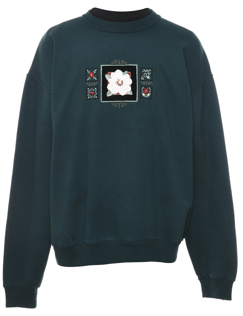 Floral Dark Green 1990s Sweatshirt - L