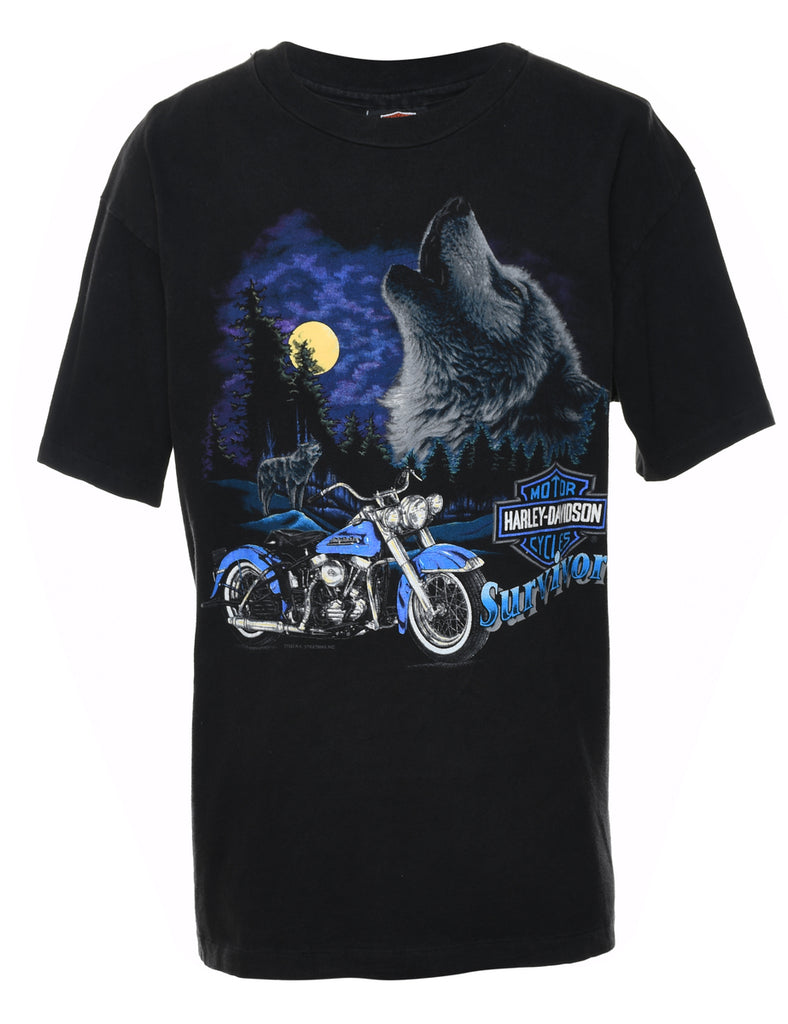 Harley Davidson Black & Blue Printed Biker T-Shirt - L