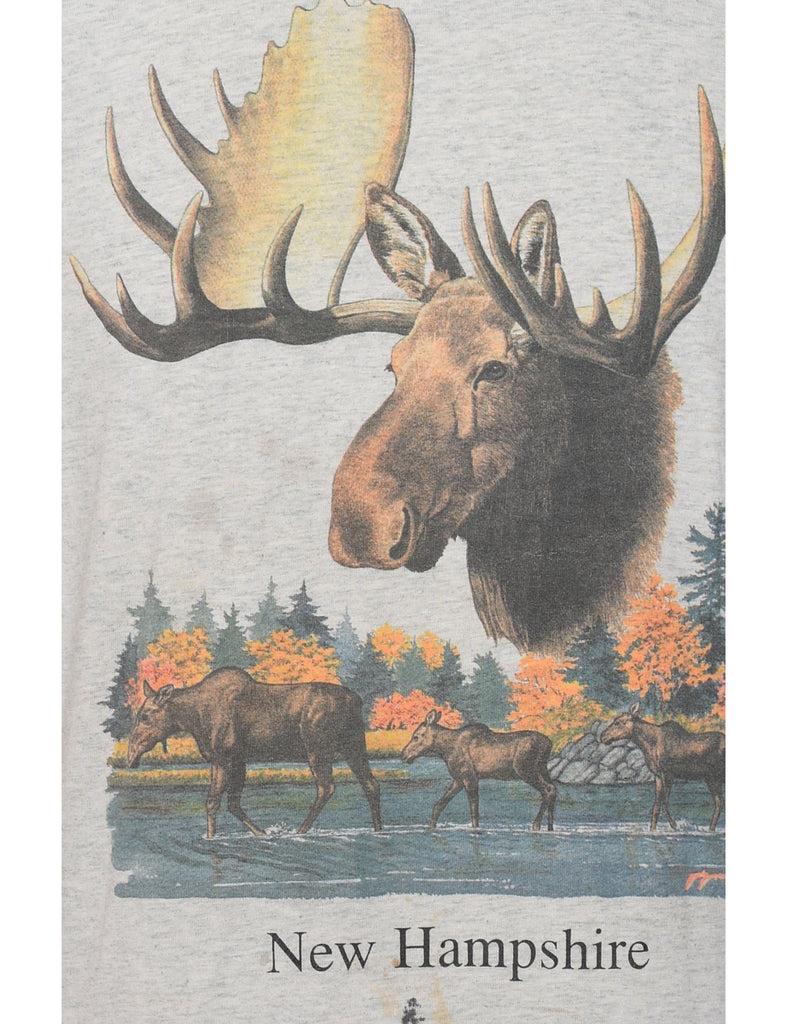 Marl Grey Printed Moose Design T-shirt - L