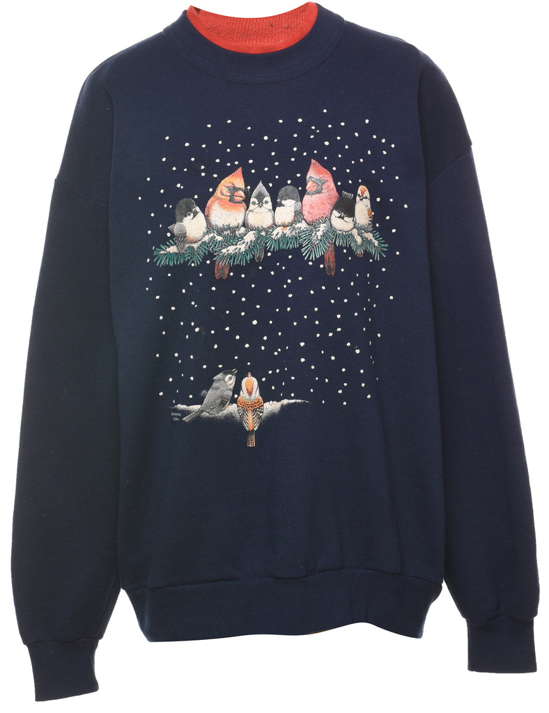 Navy Christmas Bird Design Sweatshirt - L