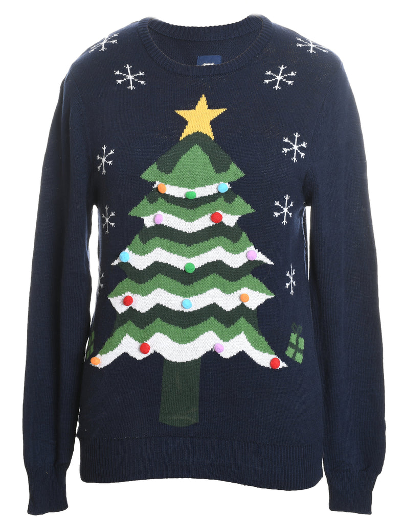 Navy Christmas Tree Design Knit Jumper - S